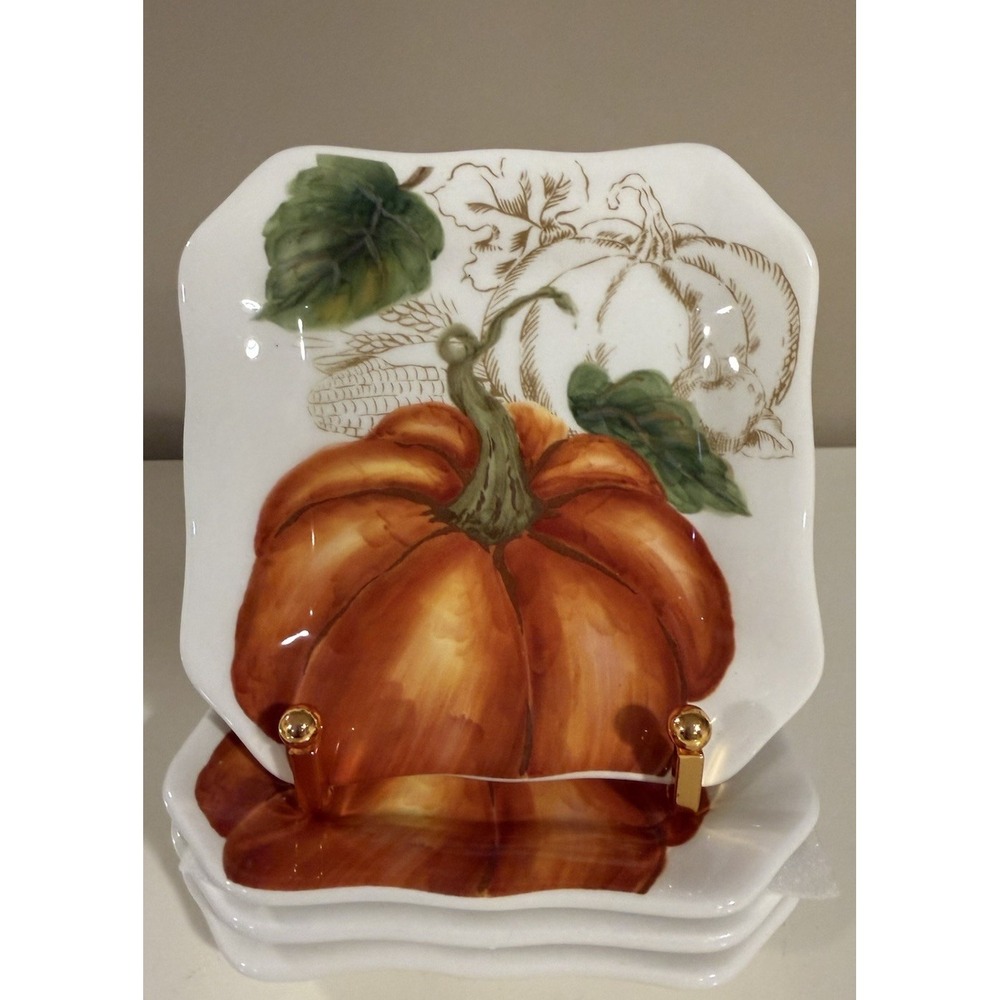 MAXCERA Set 4 Pumpkin Harvest Fall Thanksgiving Dessert Appetizer Plates 5"x 5"